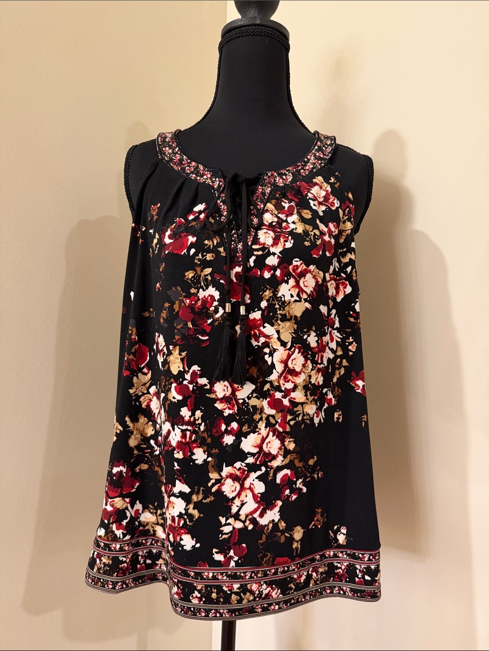 White House Black Market Black Floral Tie-Neck Tassel Camisole